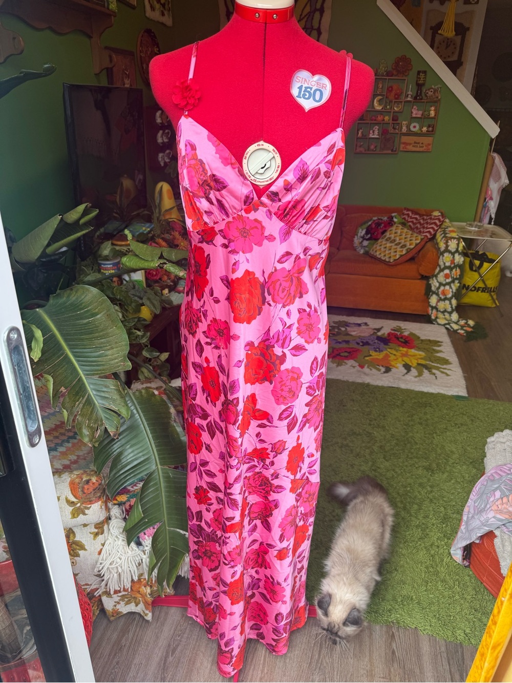 Pink Floral Maxi Slip Dress with Red Rose Print